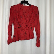 ASTR The Label Womens Red Floral Long Sleeve Asymmetrical Hem Wrap Blouse Size S