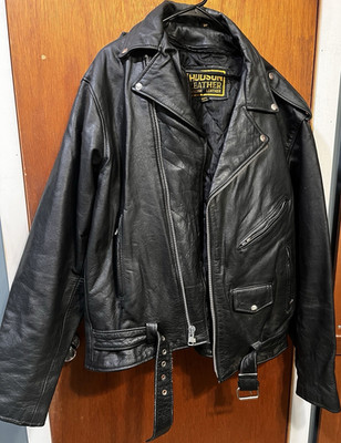 Hudson Leather Black Biker Jacket Zipper Buckle Button Full Zip Belted 54TL