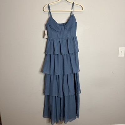 dusty blue tiered dress Dusty Blue Tiered Embroidered Dress main image 0