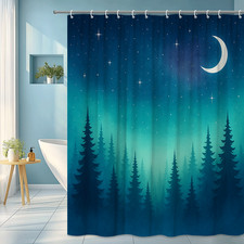 Starry Night Moon Shower Curtain - Forest Design, Blue Green Colors