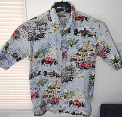 Vtg REYN SPOONER ART of Eddy Y AUTO RACING Button Up HAWAIIAN SHIRT MEN Size M