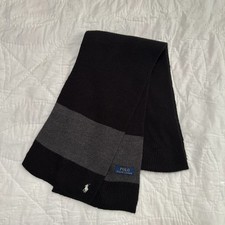 Polo Ralph Lauren Scarf Mens Rugby Stripe Black  Gray White Pony Wool Blend