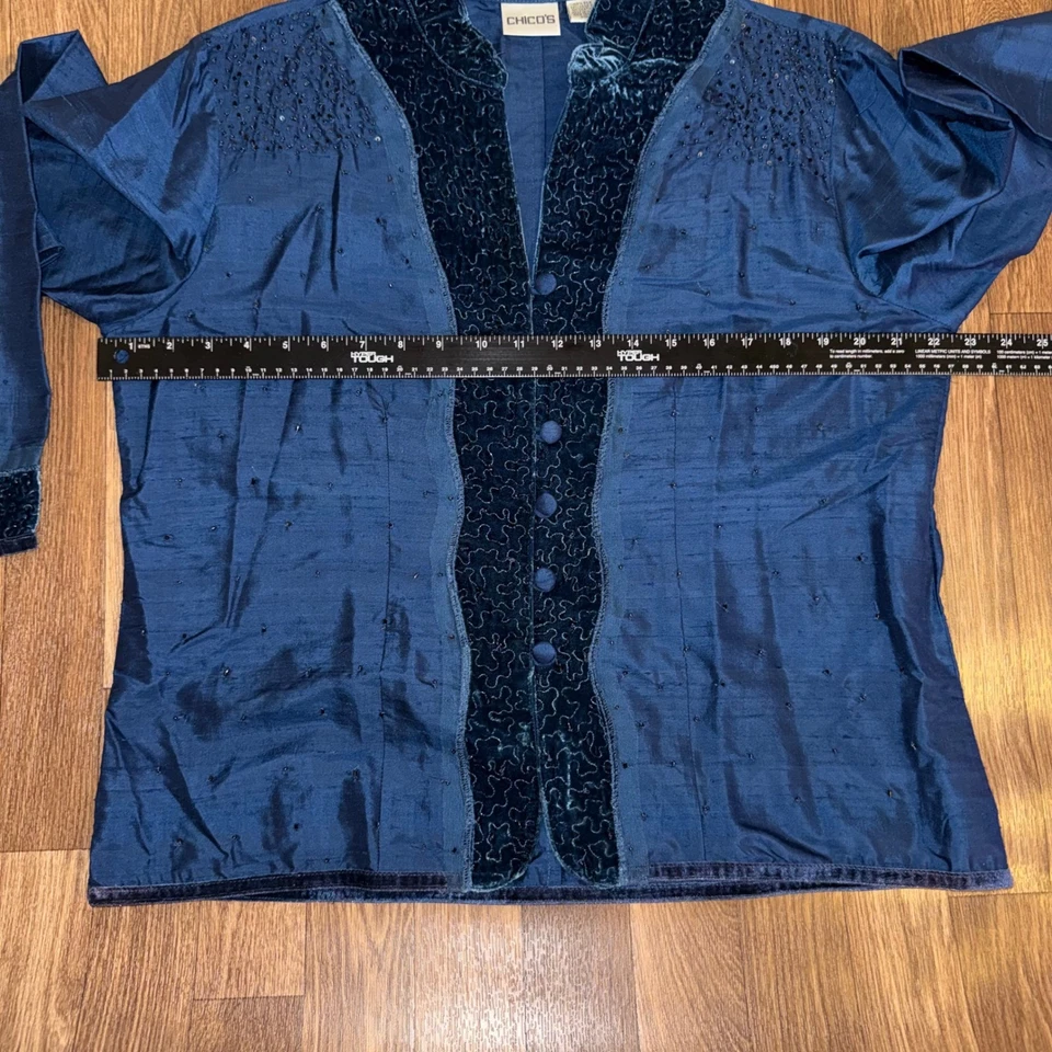 Chicos Silk Velvet Beaded Blue Button Front Blazer Jacket Women Size 2 - Image 3 of 4