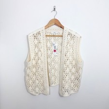 M&S Crochet Cotton Waistcoat Size L Ivory Cream Sleeveless Open Knitted Top