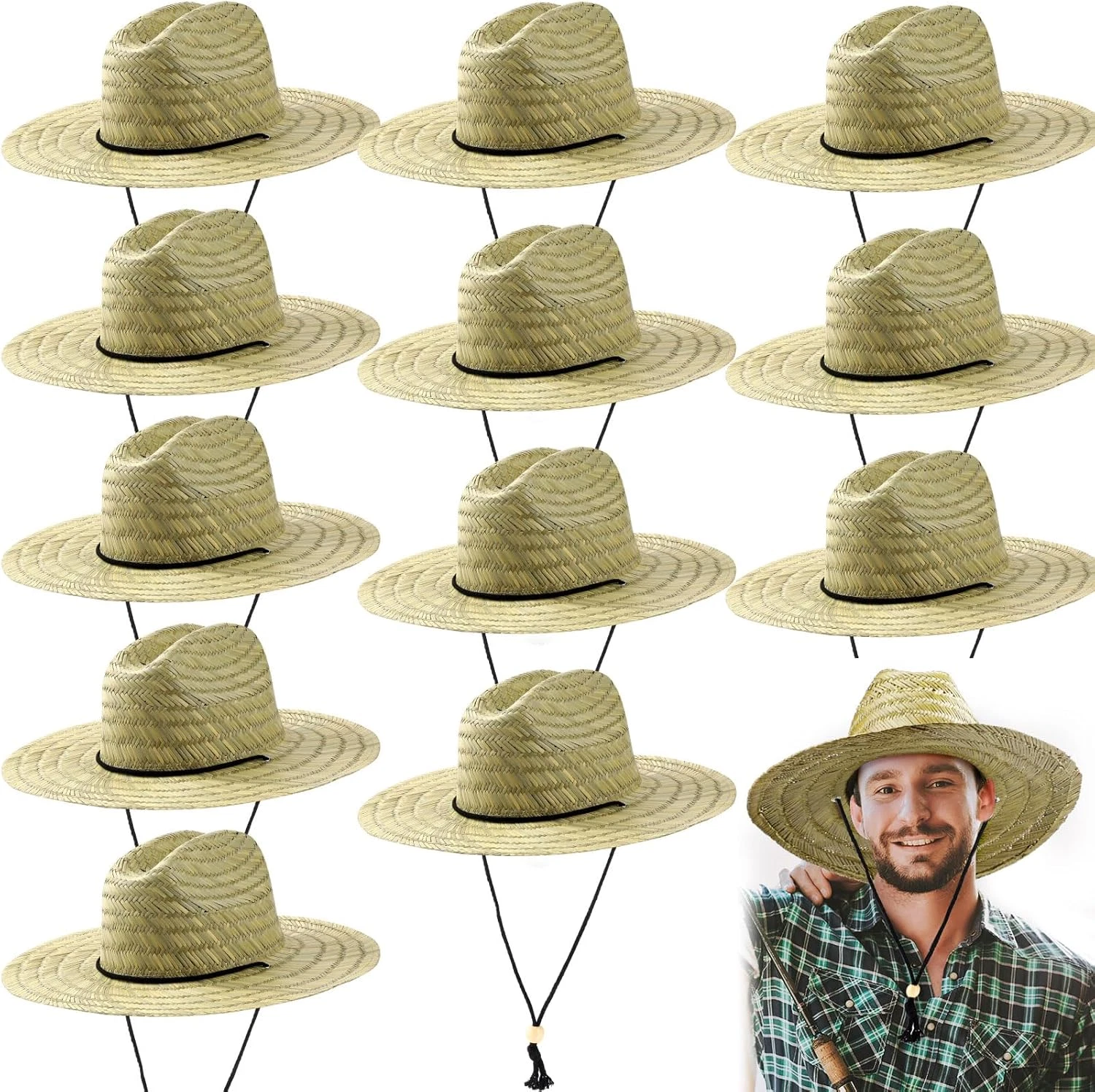 12 Pack Straw Hat for Men Summer Large Brim Farmer Beach Sun Protection Straw Ha