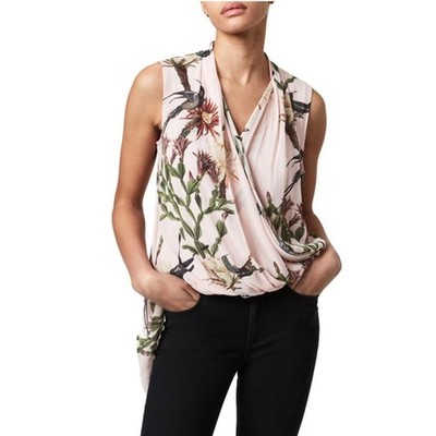 All Saints Abi Nolina V-Neck Hummingbird Floral Print Draped Top Pink Women 2