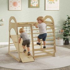 6 in 1 Kids Climbing Frame, Wooden Jungle Gym with Slide, Monkey Bars for 3-6