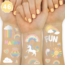 , Rainbow Temporary Tattoos 46 Glitter Styles  Unicorn Birthday Party Suppl...