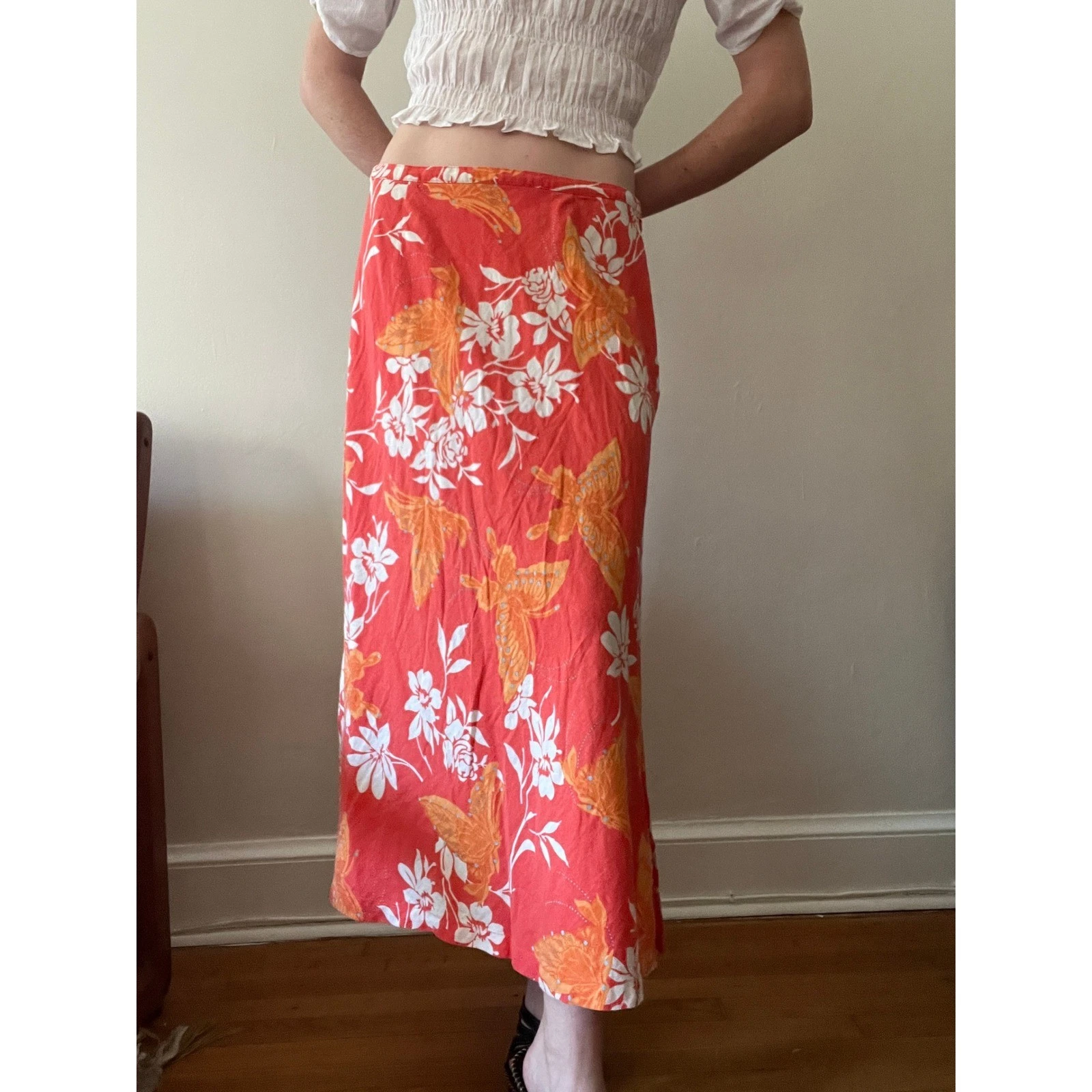Linen Maxi Skirt Karen Scott Sport Orange Butterfly Floral Beach Vacation Sz 14
