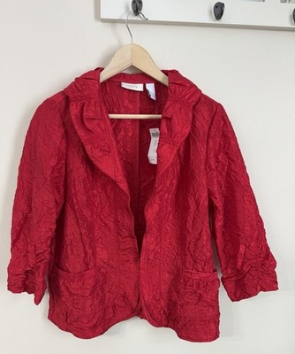Chicos Candy Apple Red Lightweight Crinkled Jacket Blazer M (1) NWT Boho