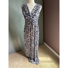 VINCE CAMUTO Women's MED Jersey Blue White Maxi Dress V Neck Sleeveless Printed