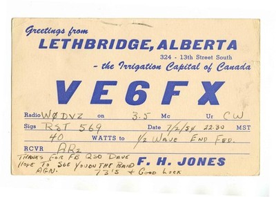 QSL Card VE6FX Lethbridge Alberta Canada 1954