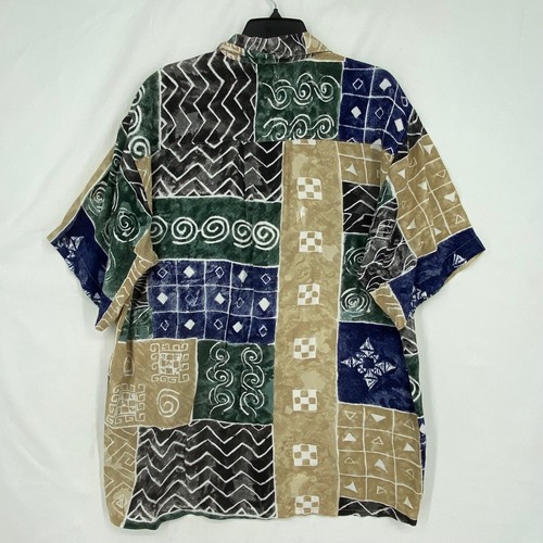 J. Riggins Mens Large Button Front Shirt Beige Green Blue Print 100% Rayon SS - Picture 7 of 9