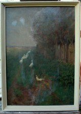 Paul Hetze 1866 Chemnitz - 1901 München Oel Malkarton Federvieh Enten Landschaft