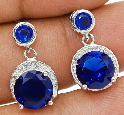 Round Cut Simulated Blue Sapphire Women's Drop Earring In 14k White Gold Plated