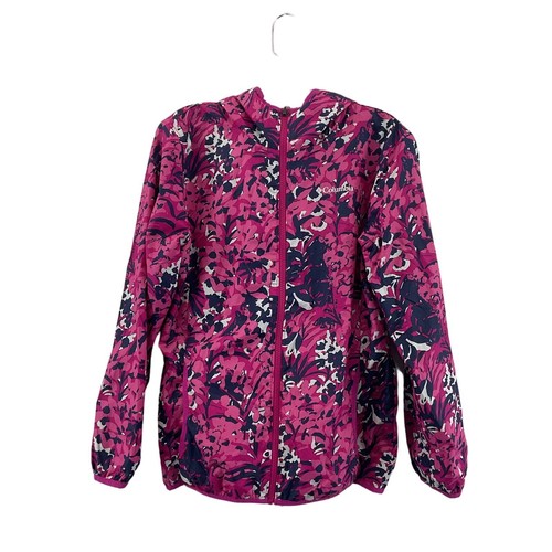 Columbia Girls Youth XL Pink/Blue Hooded Abstract Windbreaker Jacket, Preowned