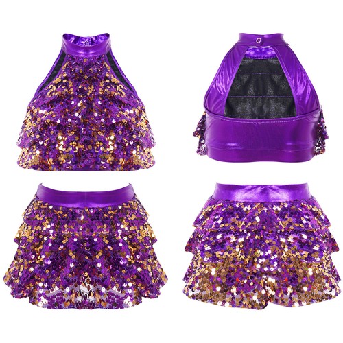UK Kids Girls Glitter Sequin Dance Leotard Dresses Top with Skirt Set Dancewear - Picture 18 of 256