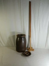 Antique Butter Churn Stoneware Crock Brown Glaze Complete with Lid Handmade
