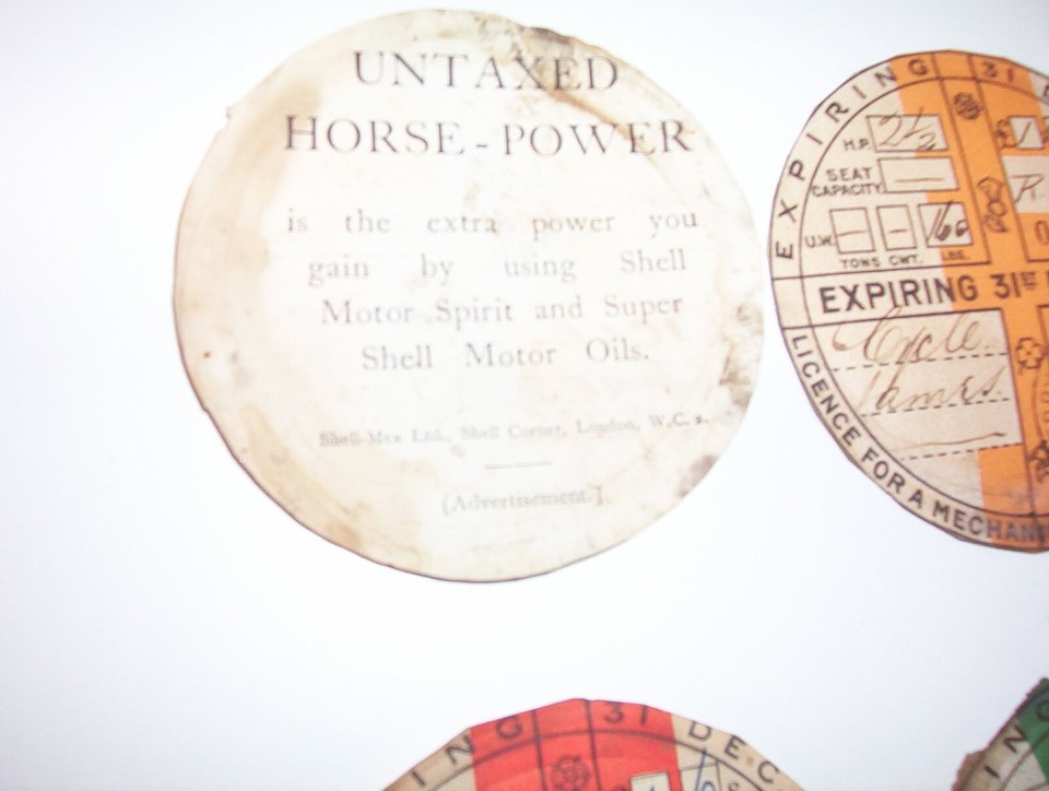 VINTAGE CAR TAX DISCS.1925, 1926, 1927, 1928, 1929, JAMES CYCLE. REG, R