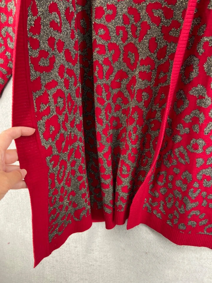Cárdigan Kasper Mujer Talla 2X Rojo Gris Animal Frente Abierto Manga Larga Largo Foto 3 de 4