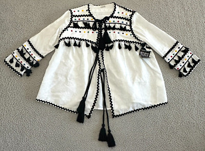 Dodo Baror Top Womens Embroidered Tassels Cardigan Tie Front Closure Studded