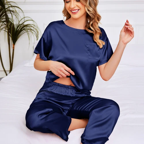 Silk Pajamas for Women Short Sleeve Satin Sleepwear Two Piece Pj Sets Loungewear - Picture 6 of 17