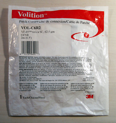 NEW! ~ 3M Volition Patch Cord VOL-C6R2 (VF-45 to a SC, 62.5μm, Riser, 2M, 6.5') 