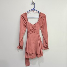 Rose Pink romantic Ruched Mini Dress Long Sleeve Tiered Ruffle Square Neck XS