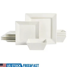 12 Piece Fine Ceramic Dinnerware Set Square Microwave Safe Dishwasher Safe New