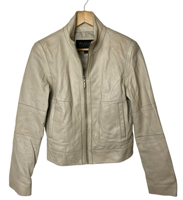 Wilsons Pelle Studio Genuine Leather Jacket Women Sz L Cream Moto Soft Lined VTG