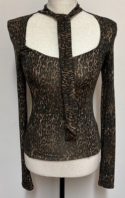 Free People Wild Thing Leopard Print Long Sleeve Square Neck Tie Top XS
