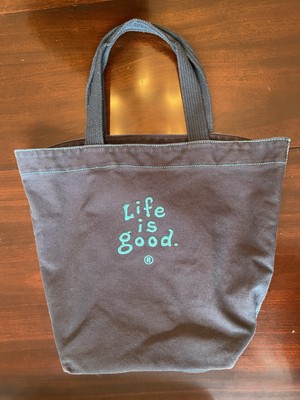 Life Is Good Essentials Tote Bag Womens Dark Blue/Gray Aqua Canvas Embroidered