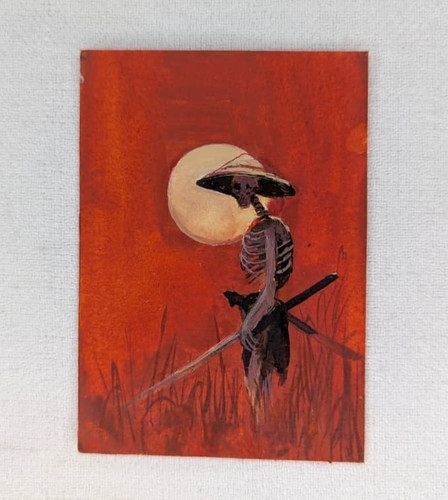 ACEO Original Watercolor Painting Skeleton Samurai Ronin Blood Moon Dark Fantasy