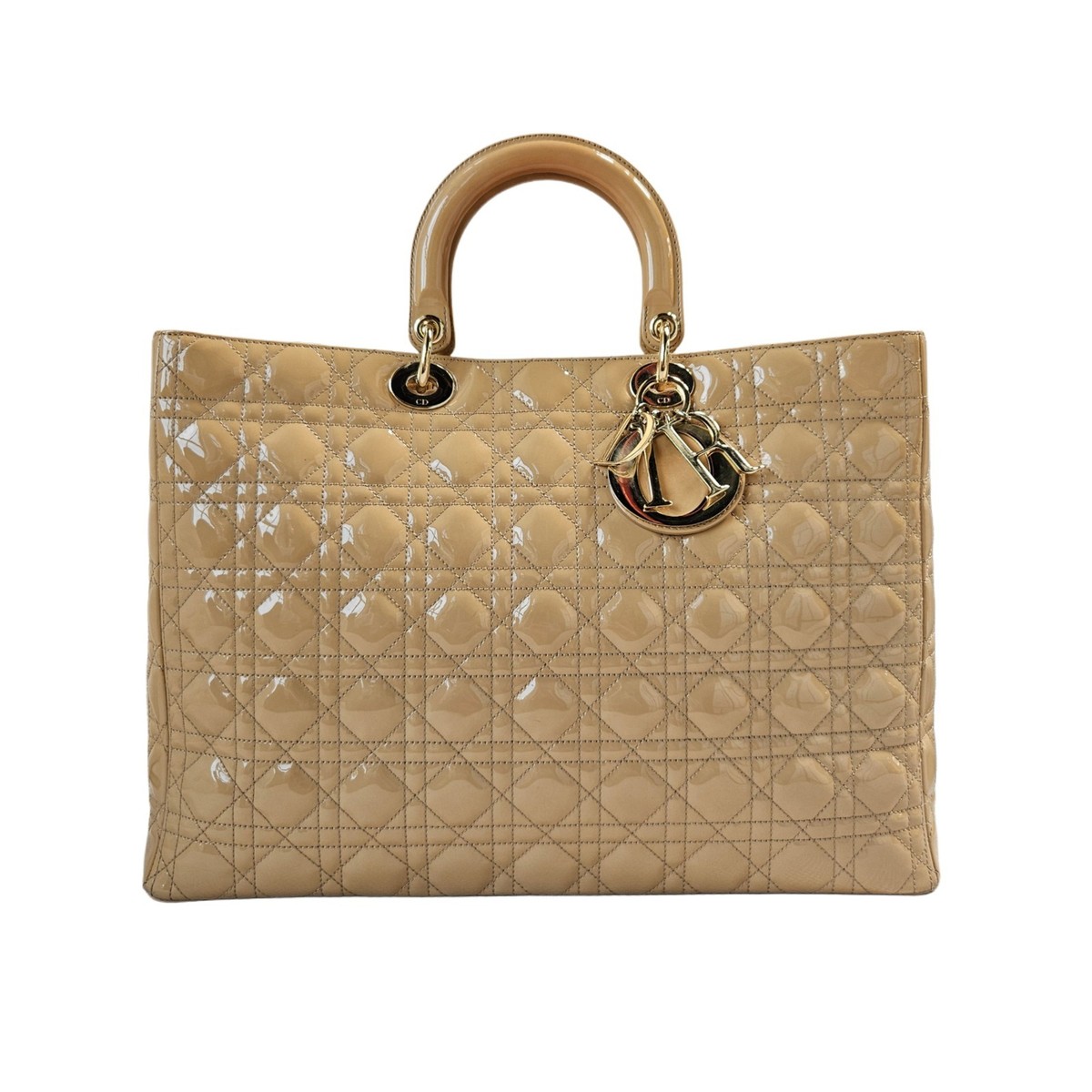 Dior ベージュ ブラウン バッグ Christian Dior Beige Patent Leather XL Lady Dior Top Handle Bag | eBay