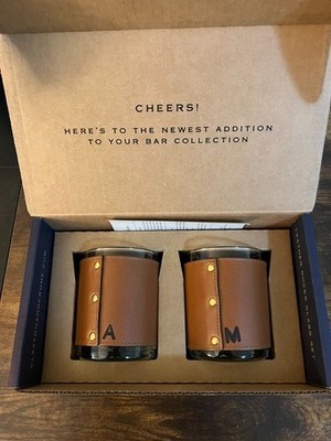 CLAYTON & CRUME - BLANTON S Bourbon Leather Rocks Glass Set 2 Kentucky Barware