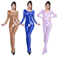 Women Jumpsuit High Elastic Slip Satin Shiny Bodysuit Tight Leotard Shaper Wear