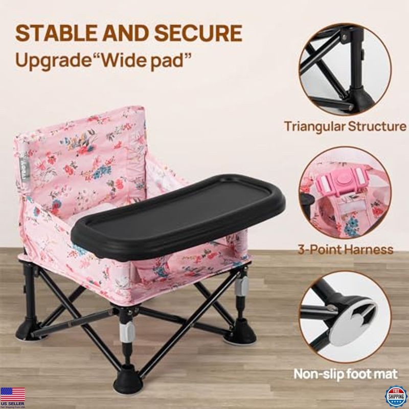 Chic Pink Floral Booster Seat with Removable Tray - Portable Foldable Baby Chair