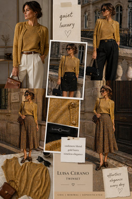 Luisa Cerano Twinset 36-40 Cashmere Cardigan Set Gold Lurex Sweater