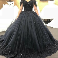 Gothic Crystals Black Wedding Dresses Lace Appliques Ball Gown Glitter Princess