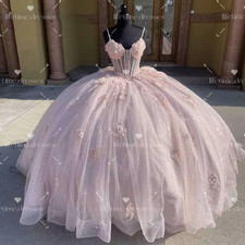 Glitter Quinceanera Dresses with Bow Pink Sweet 15 16 3D Flowers XV Ball Gowns