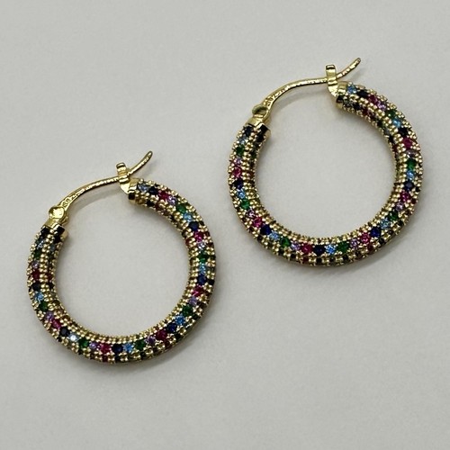 Ruby Emerald Sapphire Pavé Hoop Earrings 925 Gold Vermeil Sterling Gemstone - Picture 5 of 5