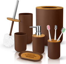 6 Pcs Bamboo and Plastic Bathroom Accessories Sets, Includes Toothbrush Cup, Too