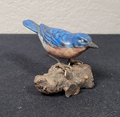 Handmade Vintage Carved Wood Blue Bird Statue Driftwood Base Wildlife Folk Art
