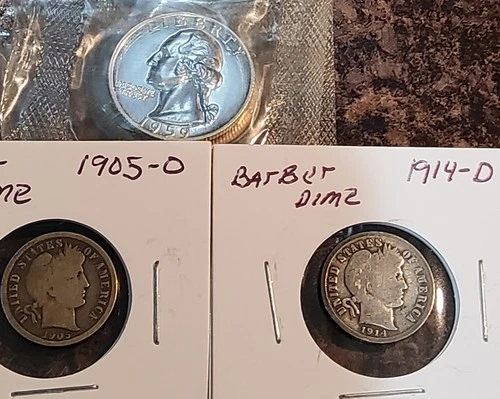 Lot of 3 Silver Coins. 2 Barber Dimes. & 1959-P  Unc. Quarter Dollar 90% Silver