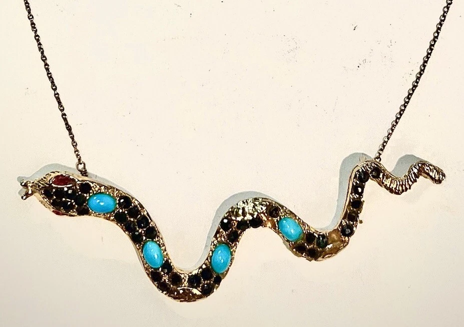 Pade Vavra Gemstone Serpent Snake Necklace 1 of 1 Turquoise Ruby 14K Gold Clad - Image 2 of 4