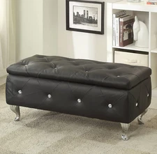 Black Faux Leather Storage Bench Upholstered Ottoman Crystal Tufted Lid Bedroom