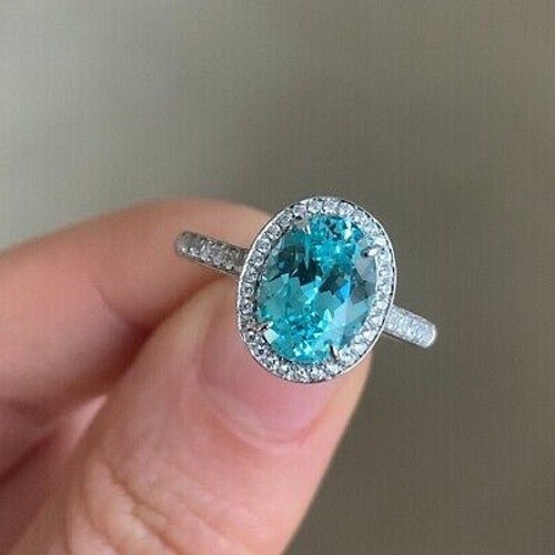 4.43Ct Oval Natural Paraiba Tourmaline & Diamond Wedding Ring 18K White Gold 7 - Afbeelding 1 van 6