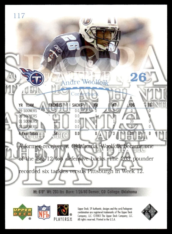 2003 SP Authentic Andre Woolfolk Rookie /2200 Tennessee Titans #117 R10 - Image 2 of 2