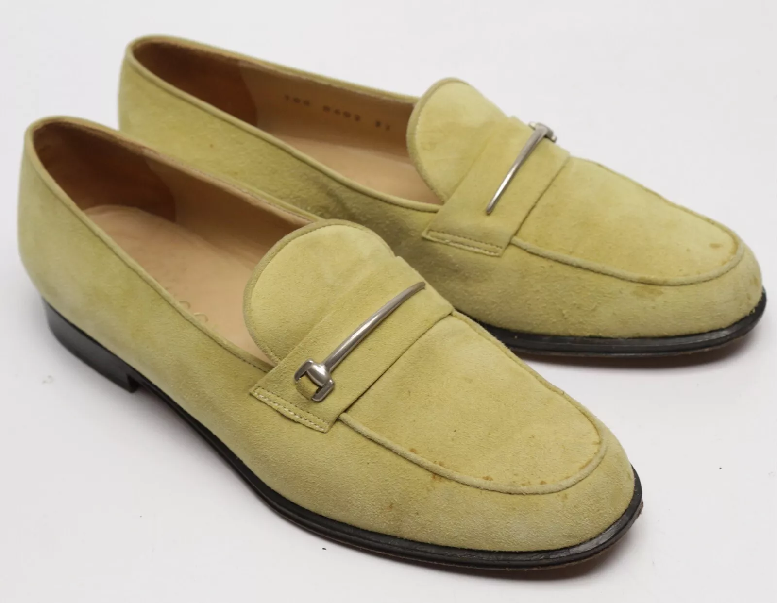 Mocassins Gucci femme 37 C vert clair daim cuir chaussures à enfiler taches Italie