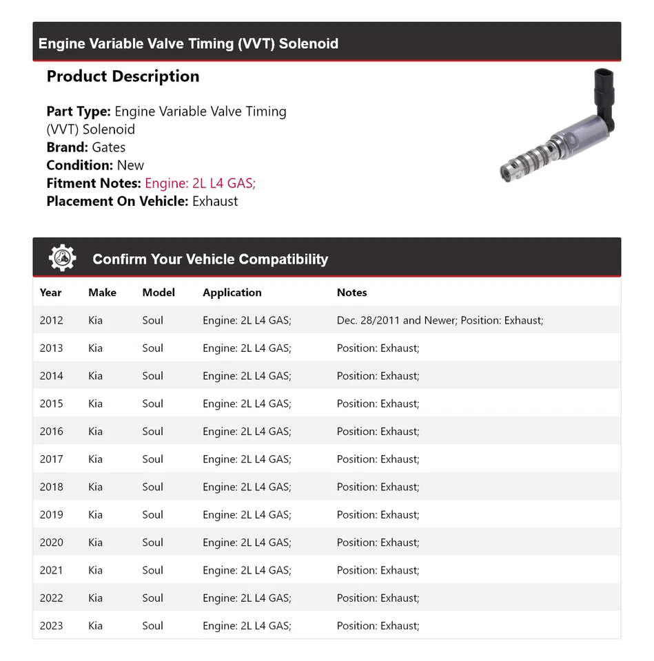 Для 2012-2023 Kia Soul 2L L4 газовый двигатель VVT соленоид выхлопные ворота 2013 2014 - Изображение 2 из 4